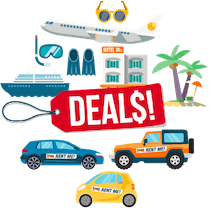 Rental cars, cruise ships, hotels and flights surrounding a price tag labeled Deals.